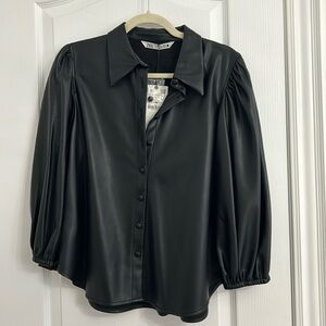 NWT Zara Faux Leather Black Button Down Top, Cinched Cuffs Size L